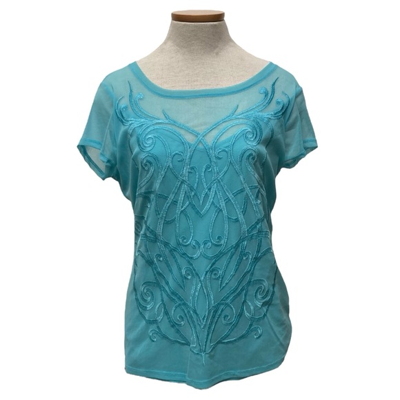 INC International Concepts Tops - Vintage Y2K INC Sheer Embroidered Graphic Blouse, Teal, Grunge, Women's Large